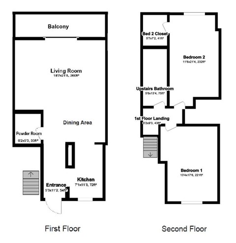 Floor plan for 2 beds, 1.5 baths, 1200 sqft